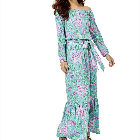 Lilly Pulitzer Odella Maxi Ruffle Dress Off the Shoulder Long Sleeve Size M  NWT